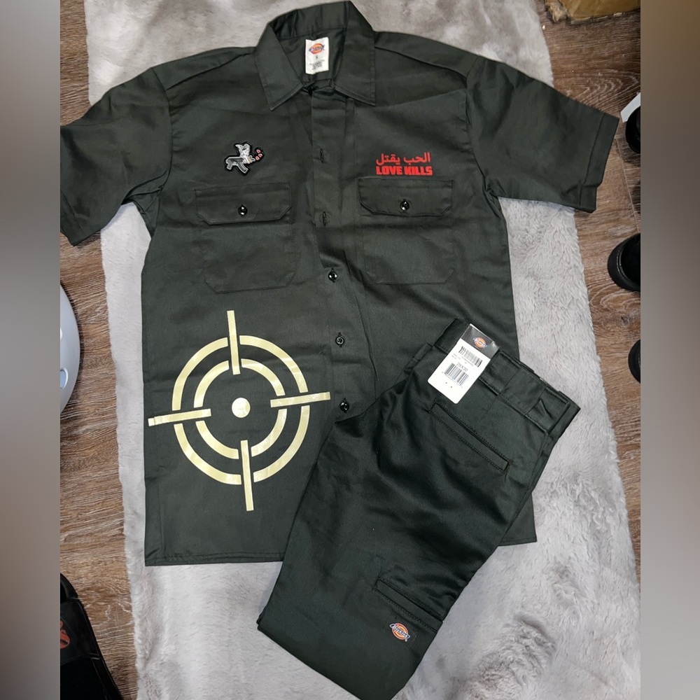 Olive Green Love Kills x Dickie s 28 x 30 Pants & s Small Button Top ,